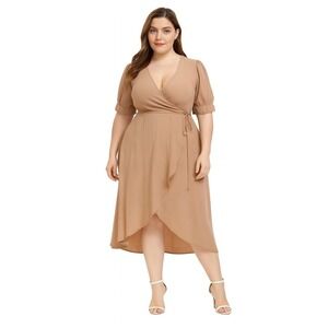 AX Paris Faux Wrap Dress Midi Ruffled Side Tie Mocha Brown Size 4 UK 8